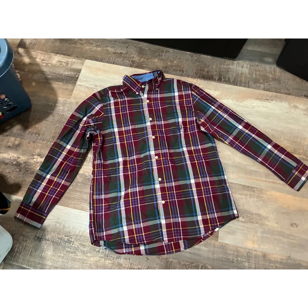Chaps Mens Easy Care Plaid Button Down Shirt Burgundy Green Small Long Sleeve